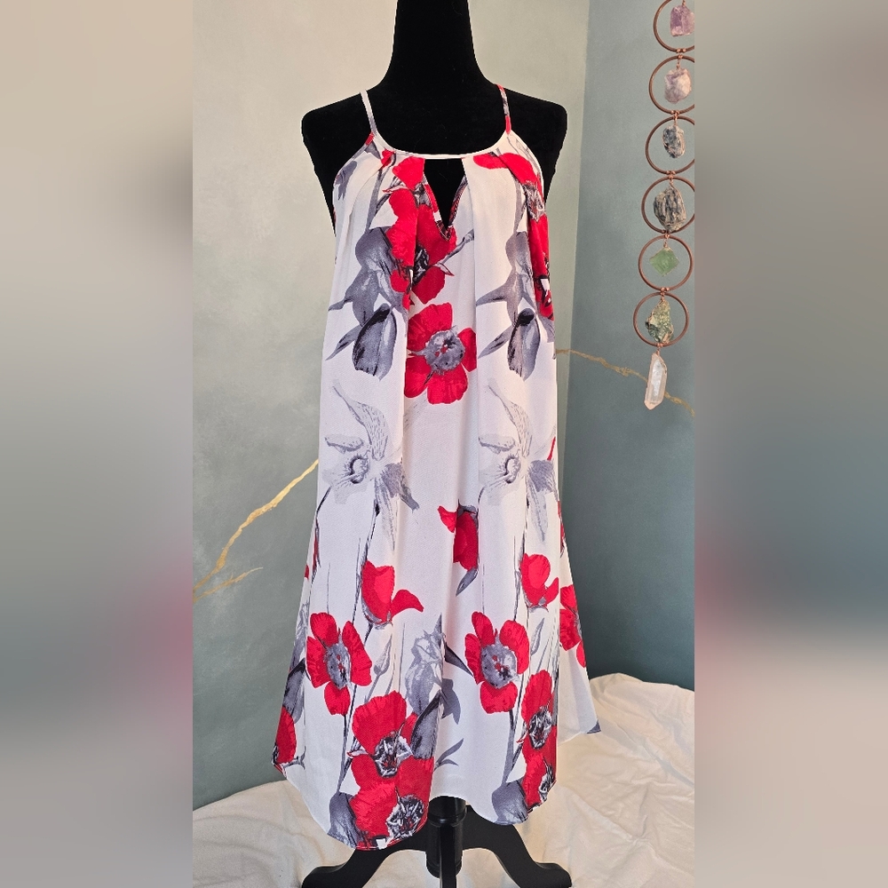 Liberty Sage Floral Sleeveless Swing Keyhole Neck Dress White Red Grey NWOT S